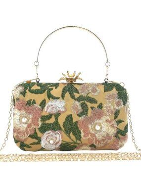 Vintage Embroidered Clutch Purse Floral Handbag Pearl Evening Chain Shoulder Bag